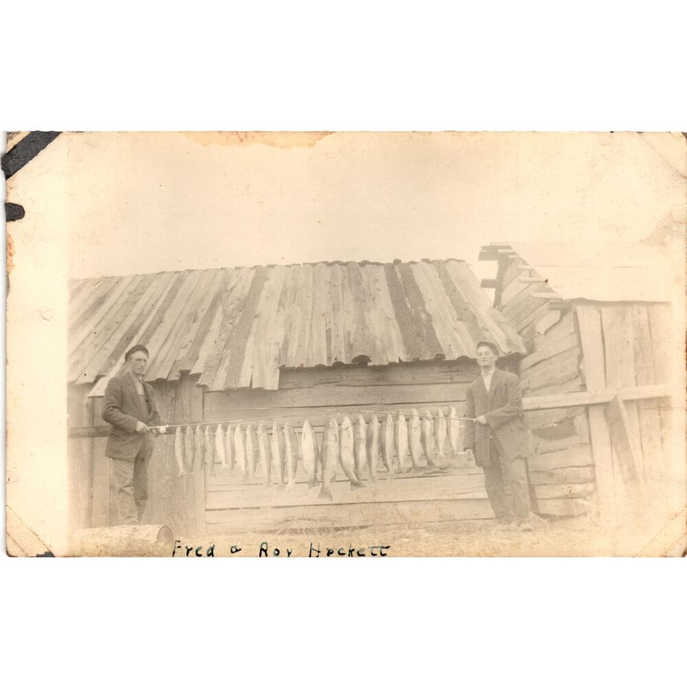 Vintage 1920s Fishing RPPC‎ Postcard Roy Pillard Fred Hecker Large Fish Catch